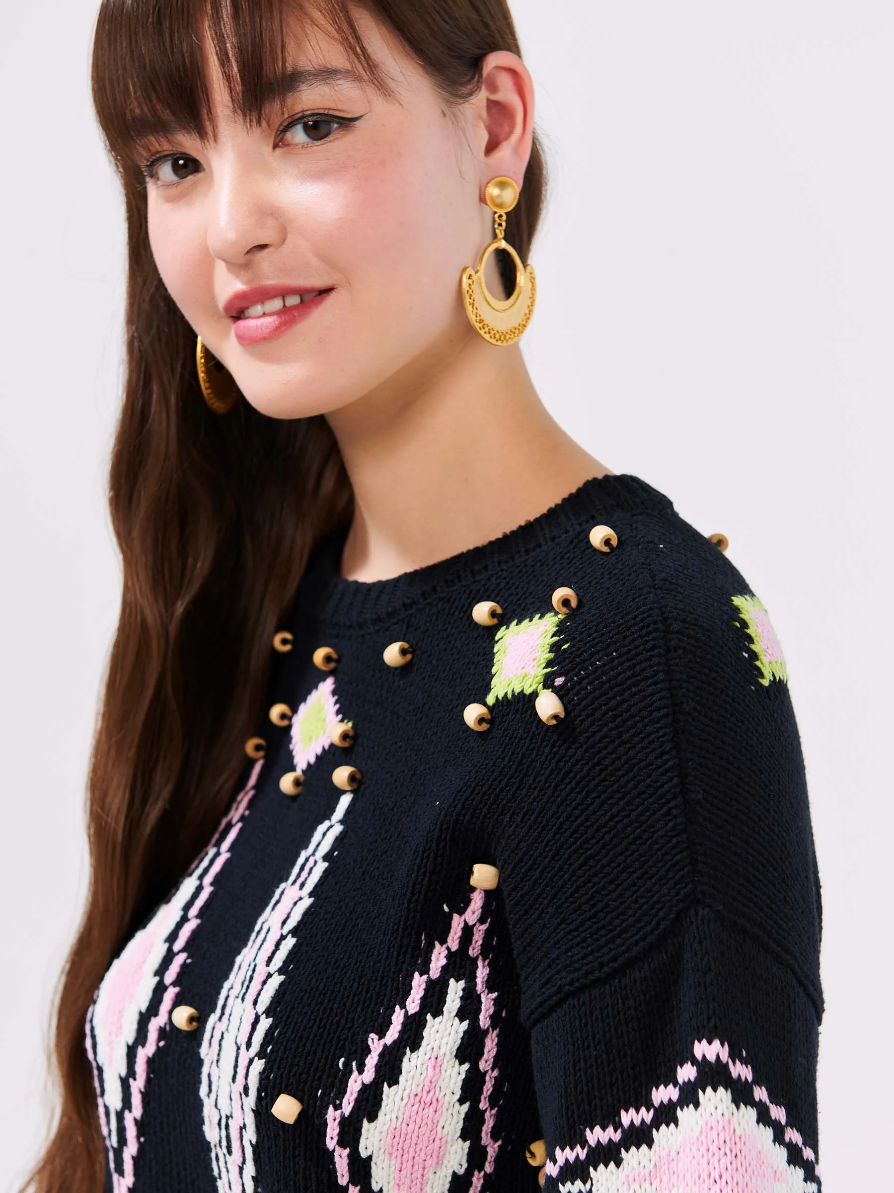 Intarsia Diamond Beaded Cotton Jumper Black