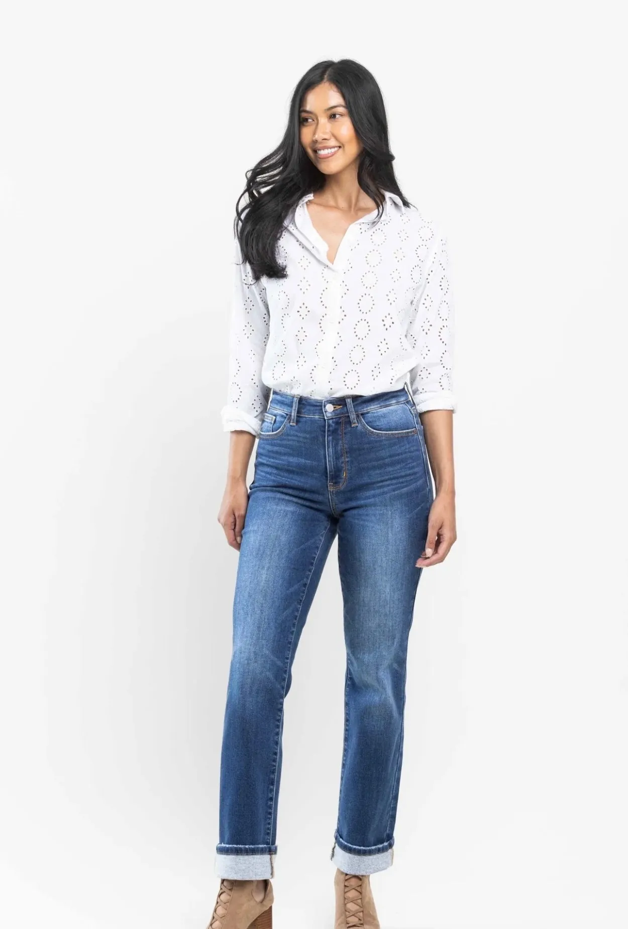 Judy Blue HW Contrast Wash Thermal Straight Jeans