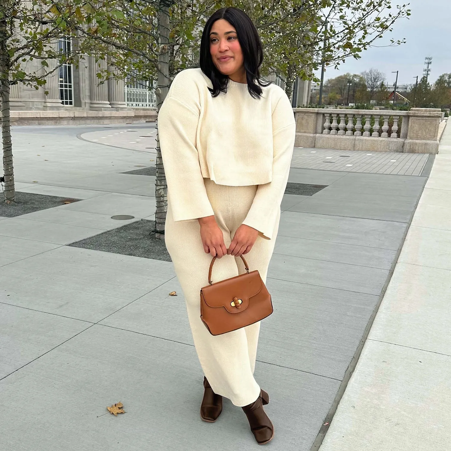 Knit Crop Sweater & Wide Leg Trousers Oatmeal Bundle