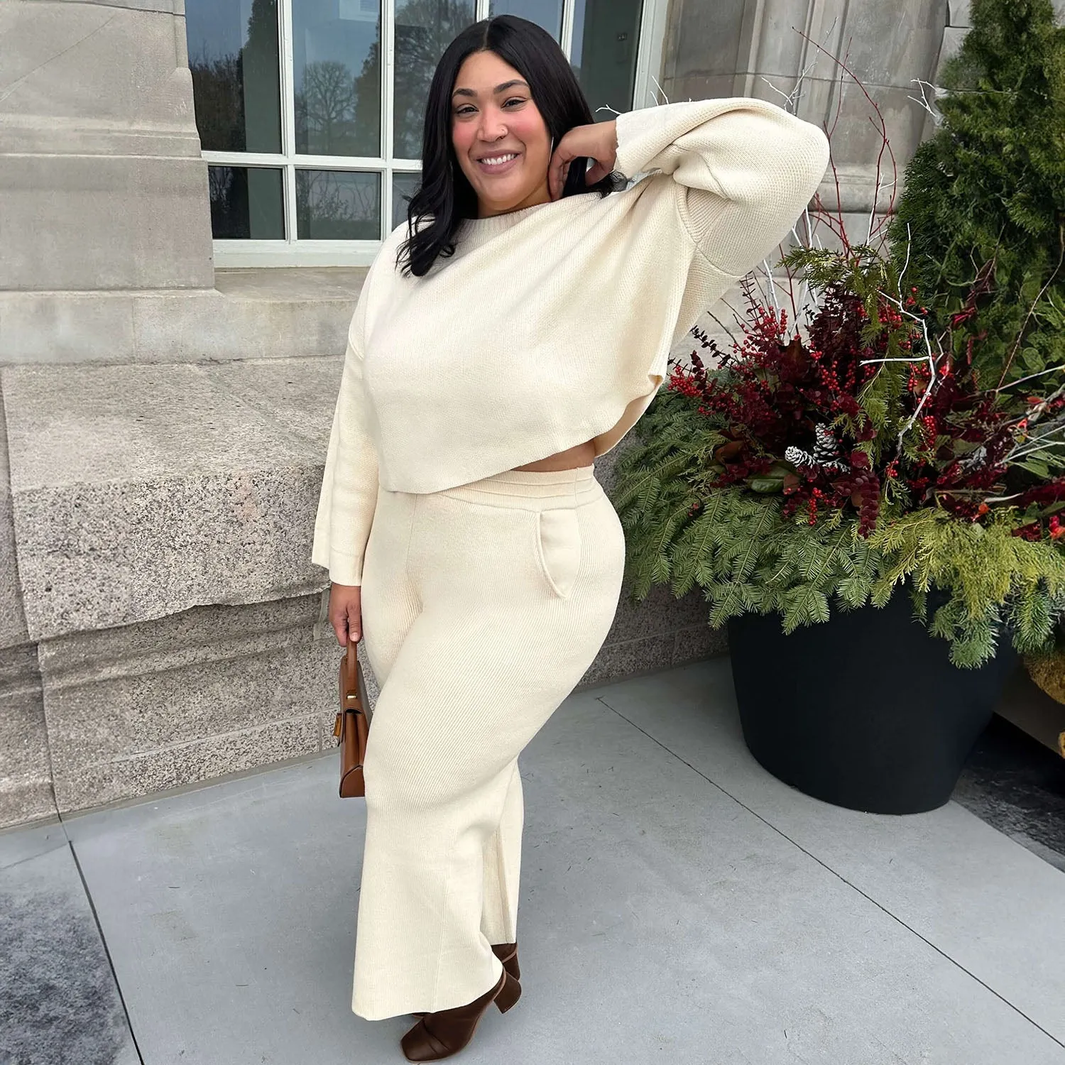 Knit Crop Sweater & Wide Leg Trousers Oatmeal Bundle