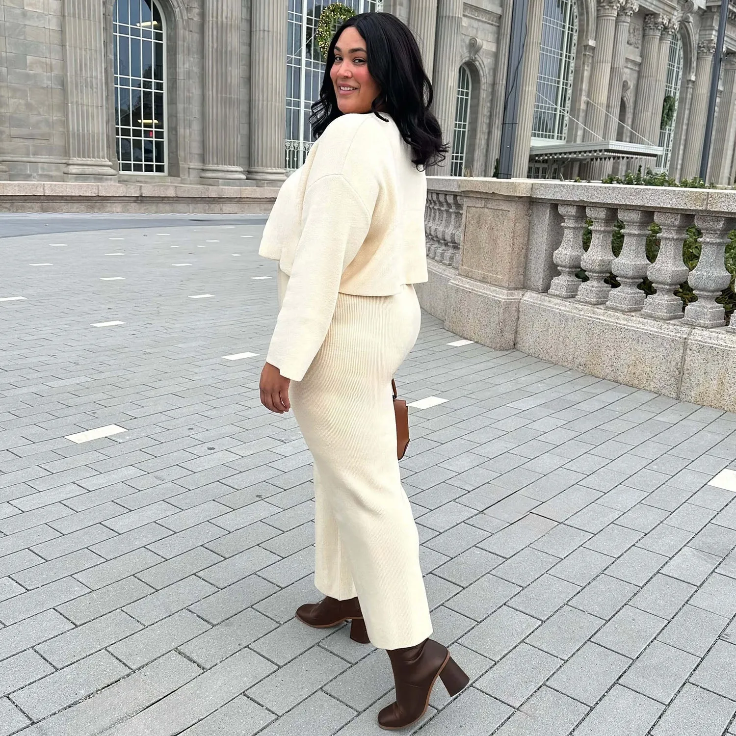 Knit Crop Sweater & Wide Leg Trousers Oatmeal Bundle