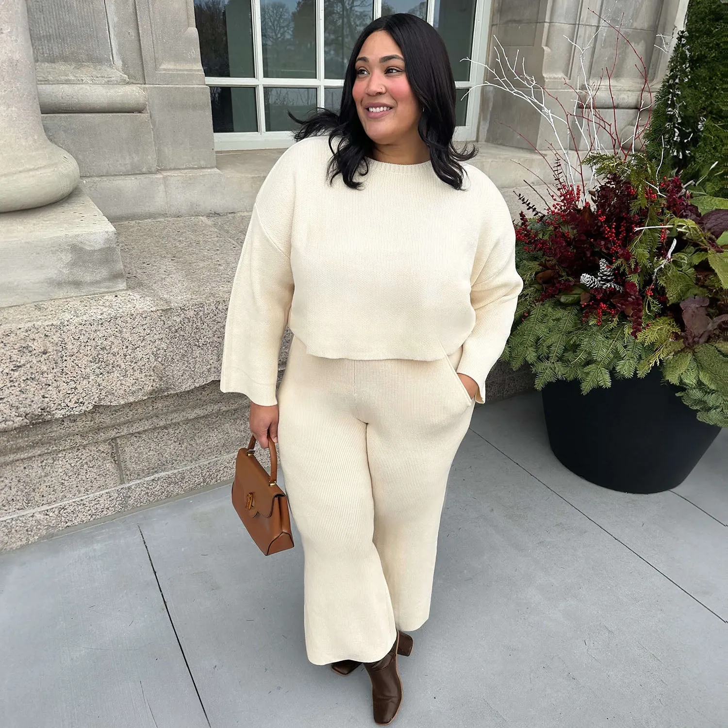 Knit Crop Sweater & Wide Leg Trousers Oatmeal Bundle