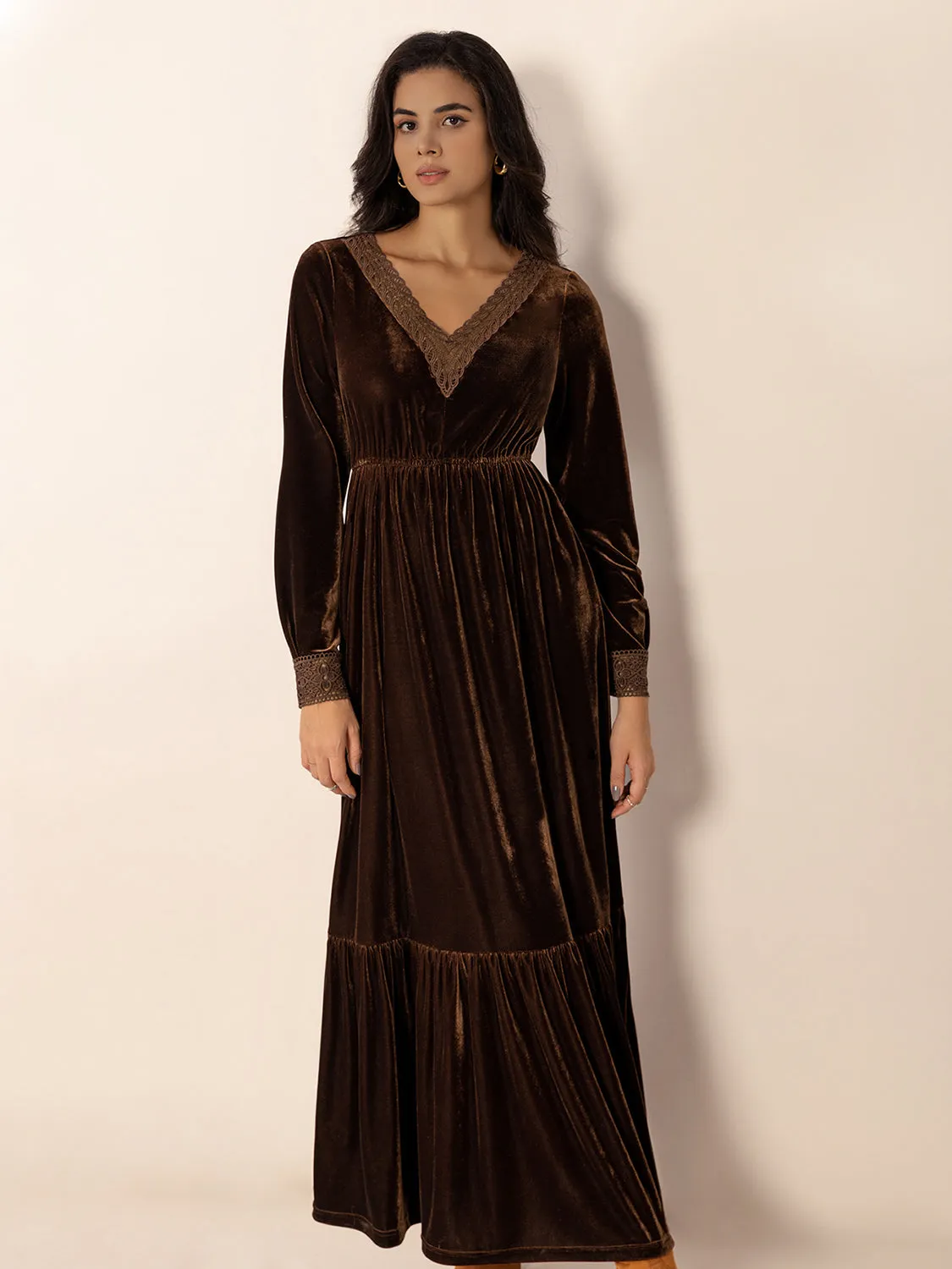 Lace Detail V-Neck Long Sleeve Maxi Dress | Casual Dresses | Winter Dress