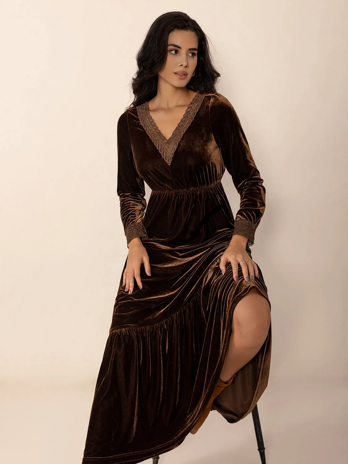 Lace Detail V-Neck Long Sleeve Maxi Dress | Casual Dresses | Winter Dress