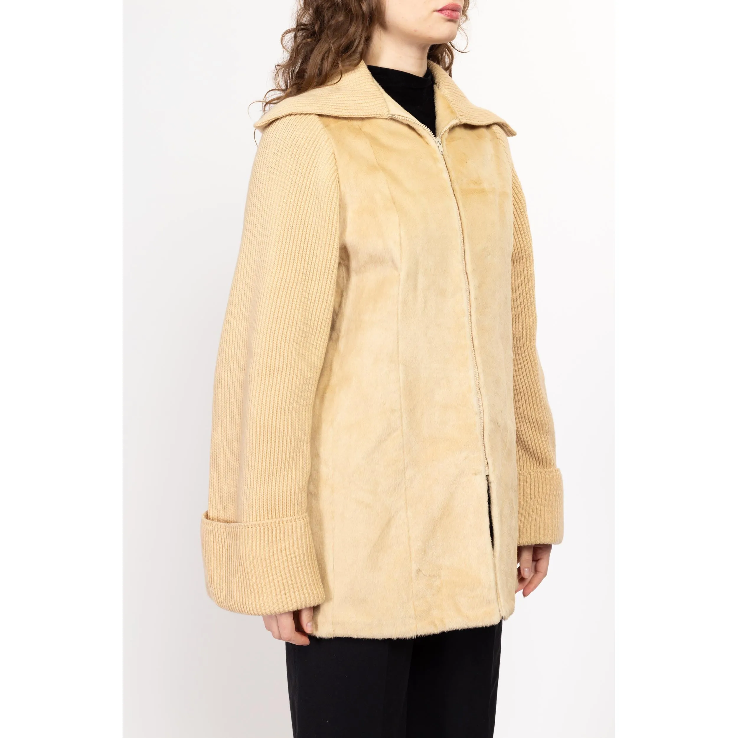 Large 70s Cream Faux Fur Knit Sportigan Sweater