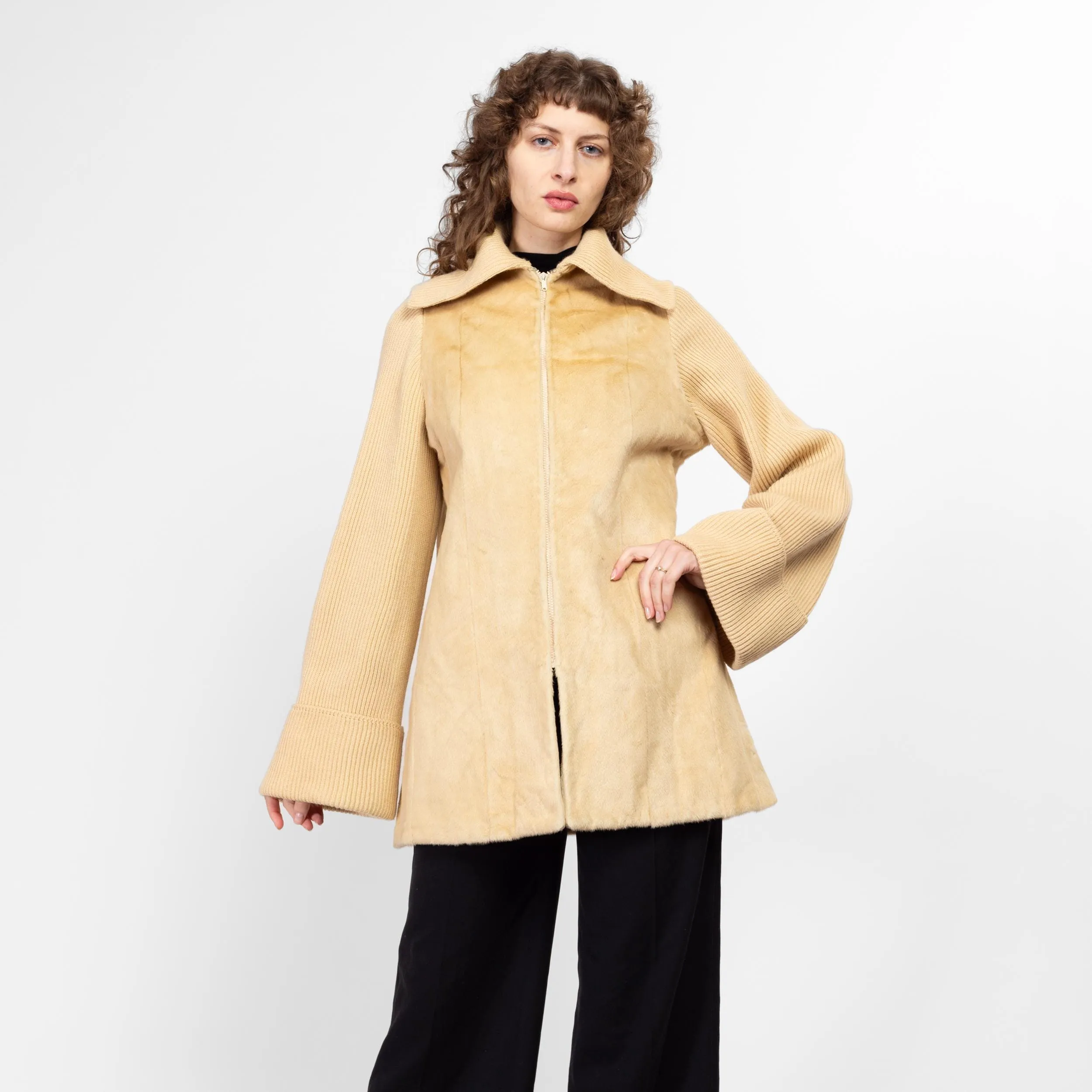 Large 70s Cream Faux Fur Knit Sportigan Sweater