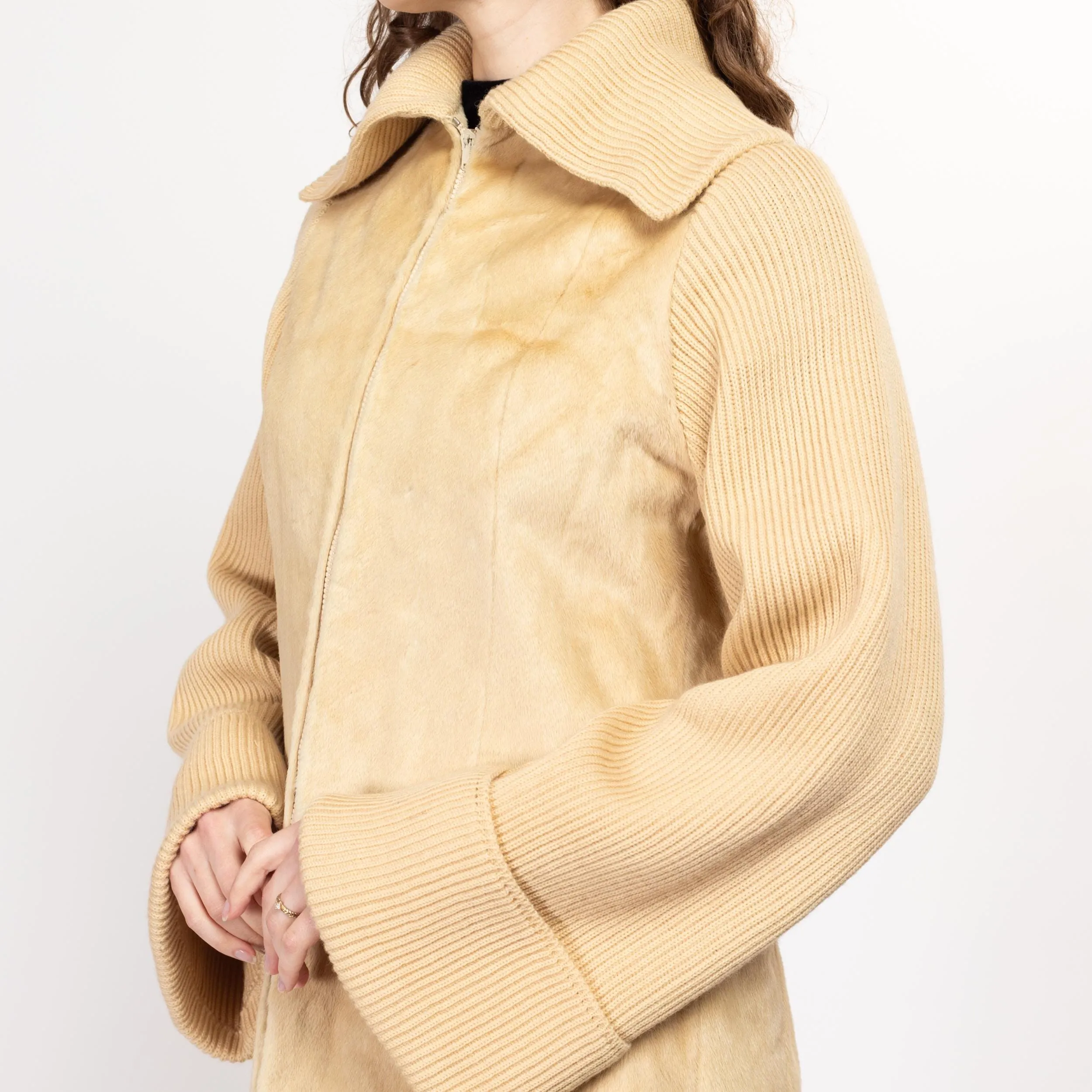 Large 70s Cream Faux Fur Knit Sportigan Sweater