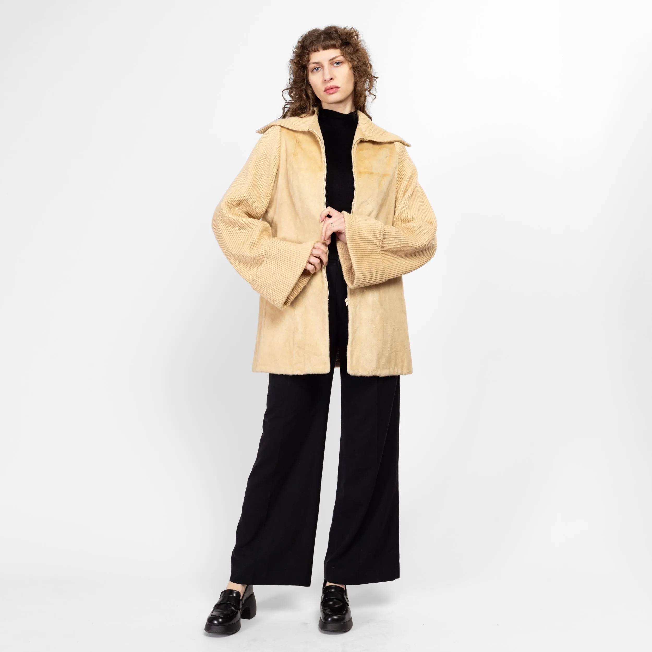 Large 70s Cream Faux Fur Knit Sportigan Sweater