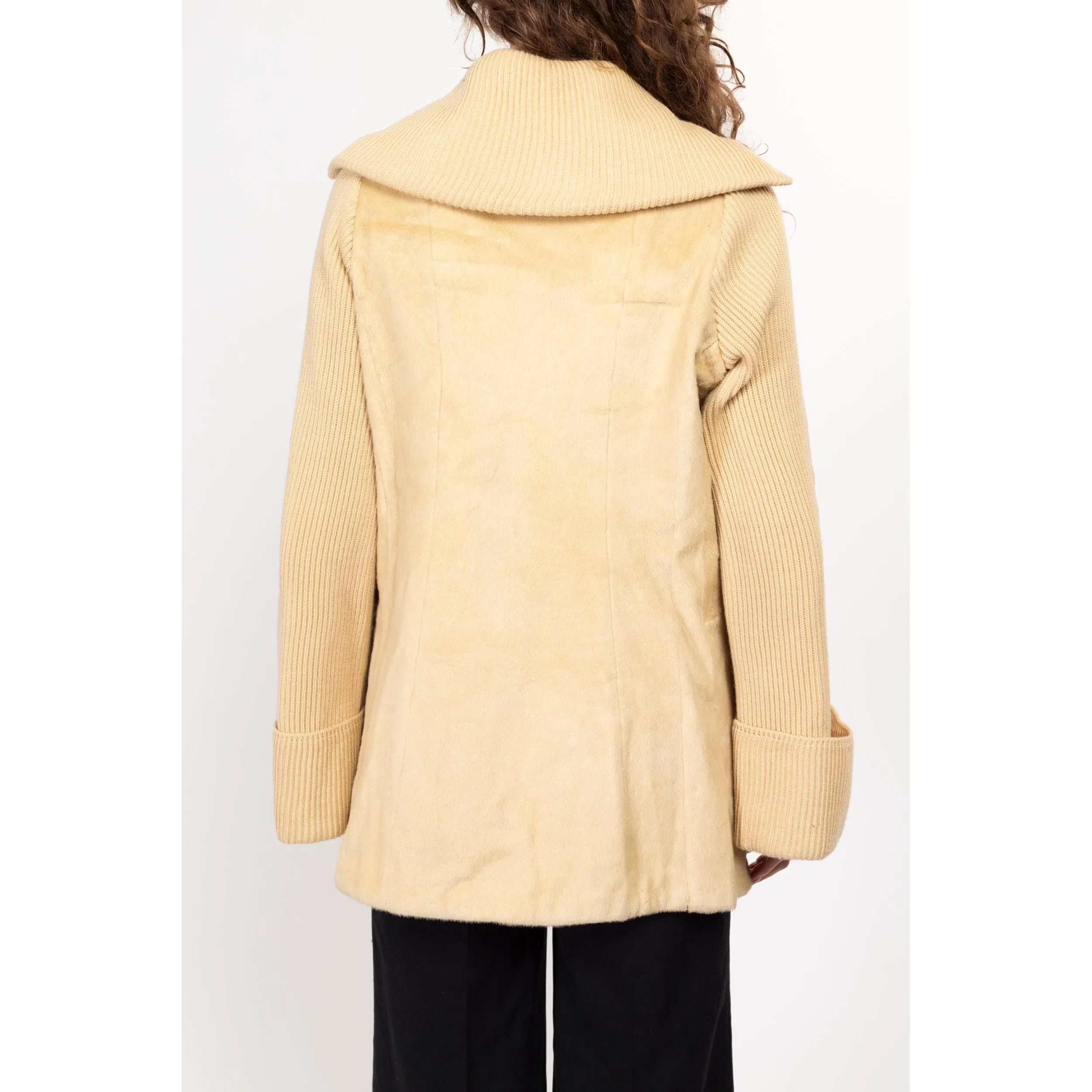 Large 70s Cream Faux Fur Knit Sportigan Sweater