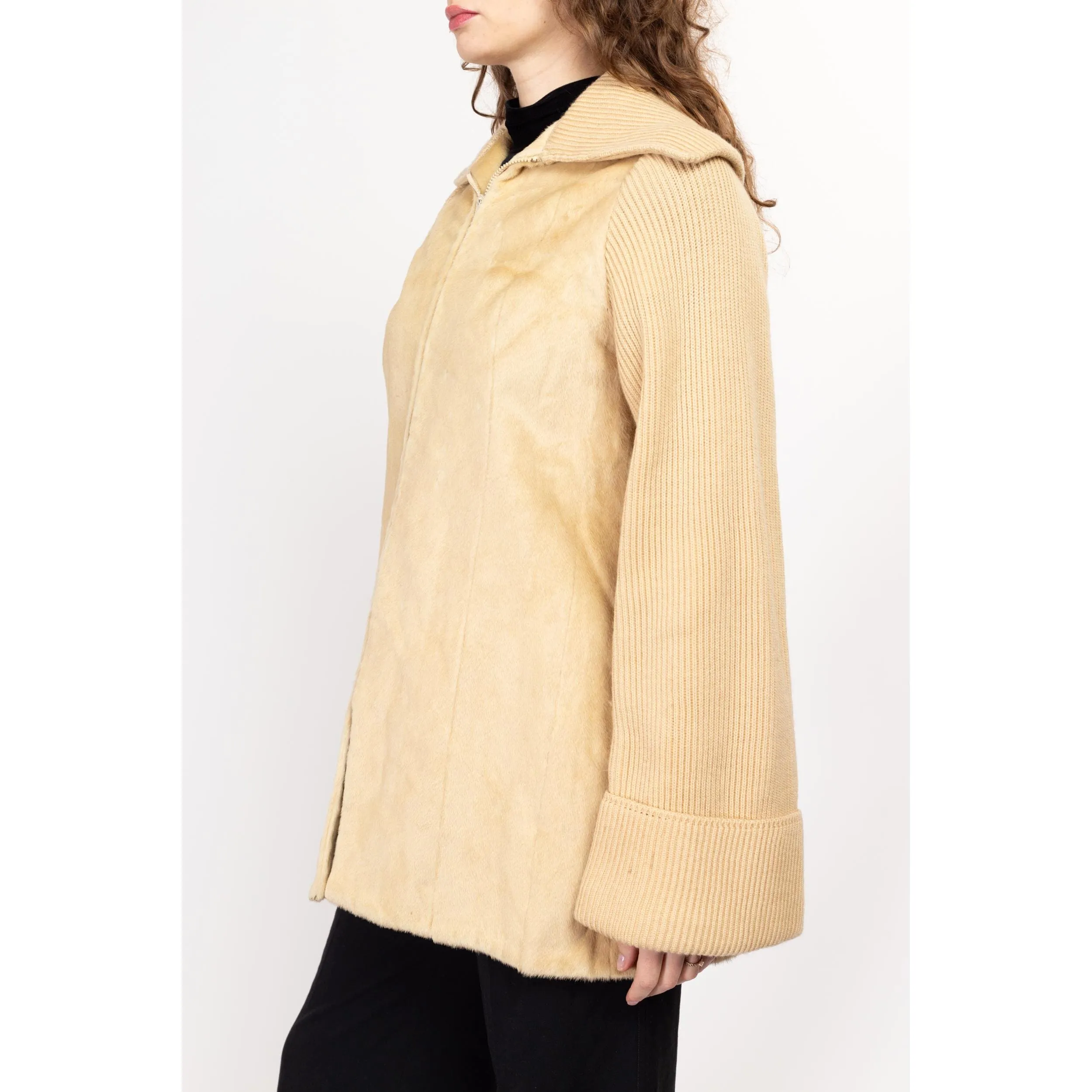 Large 70s Cream Faux Fur Knit Sportigan Sweater