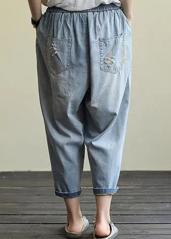 Literary loose loose white casual stitching hole denim cropped harem pants