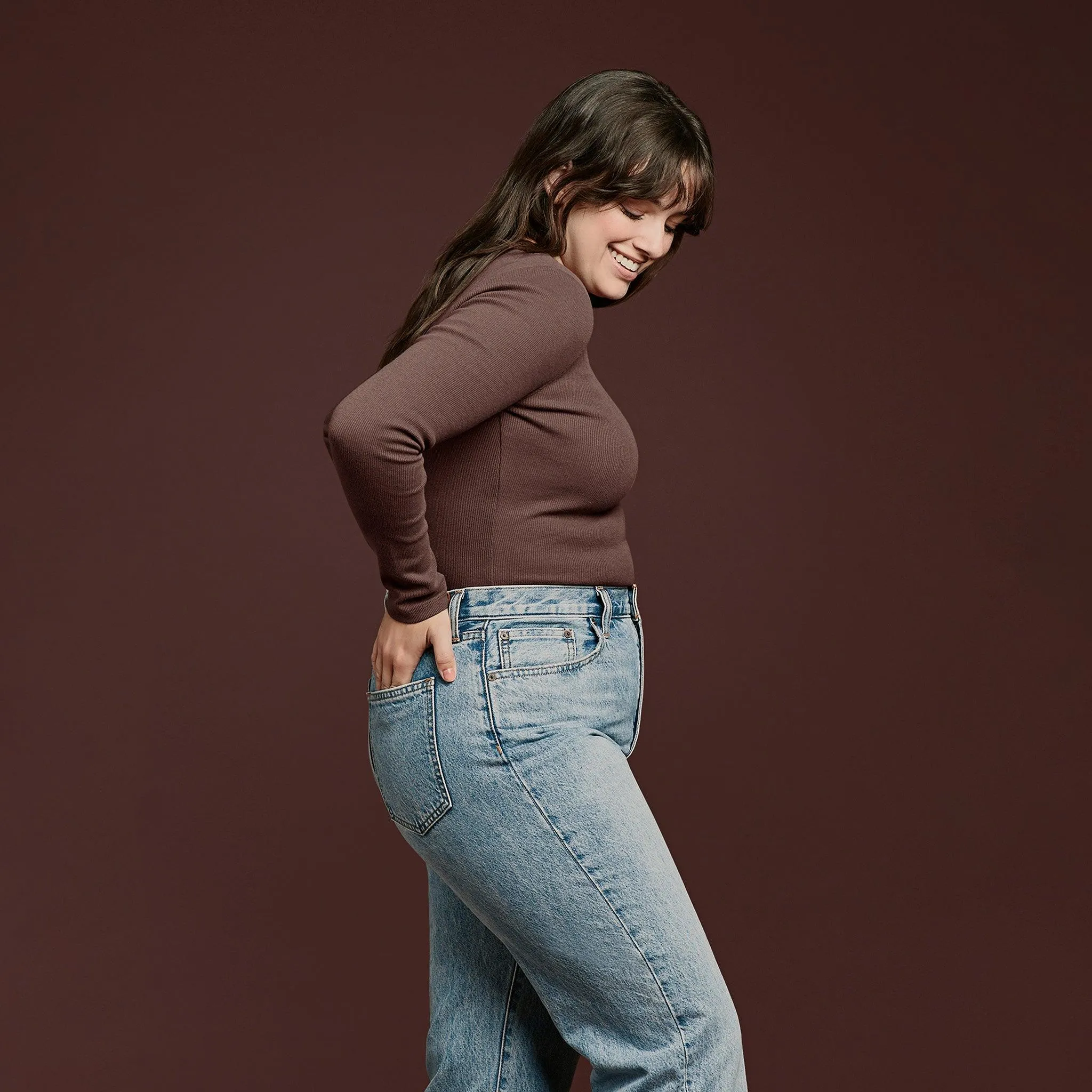 Long Sleeve Ribbed Crewneck Bodysuit | Coffee