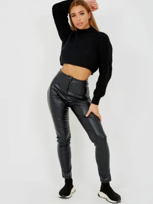 Maisee Bubble Knit High Neck Cropped Jumper In Black