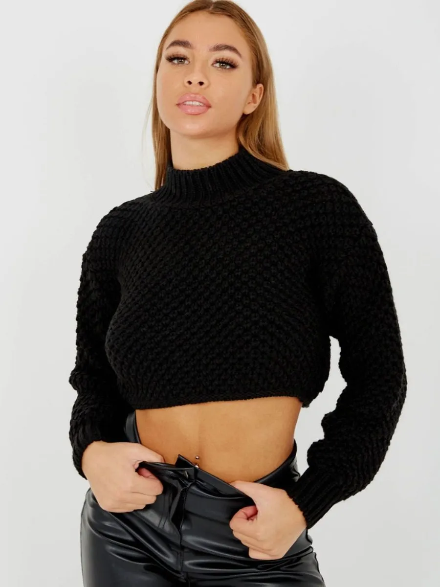 Maisee Bubble Knit High Neck Cropped Jumper In Black