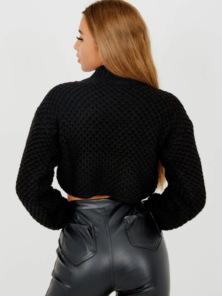 Maisee Bubble Knit High Neck Cropped Jumper In Black