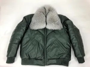 Men's V-Bomber Forest Green Premium Silver Fox Collar