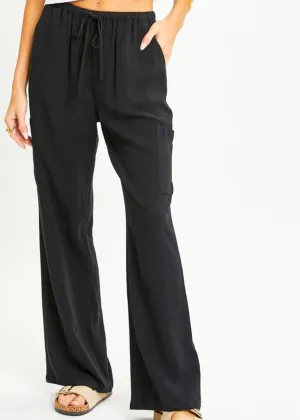 Noe, Linen Blend Pull-On Wide Leg Pants, Black or Oatmeal