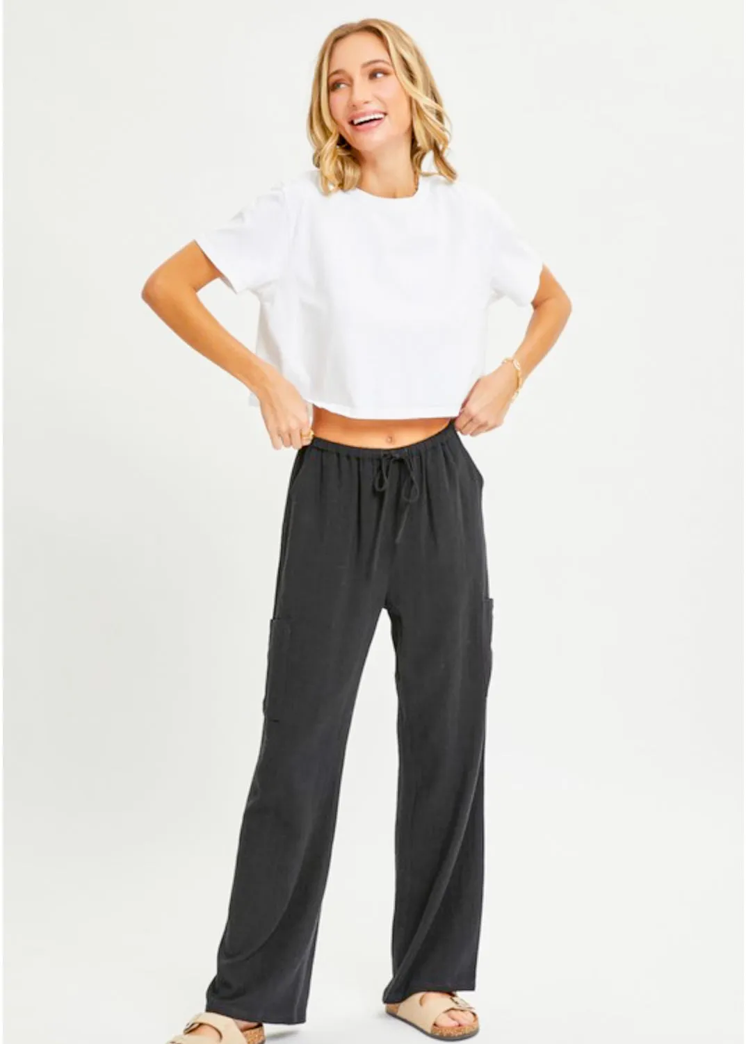 Noe, Linen Blend Pull-On Wide Leg Pants, Black or Oatmeal