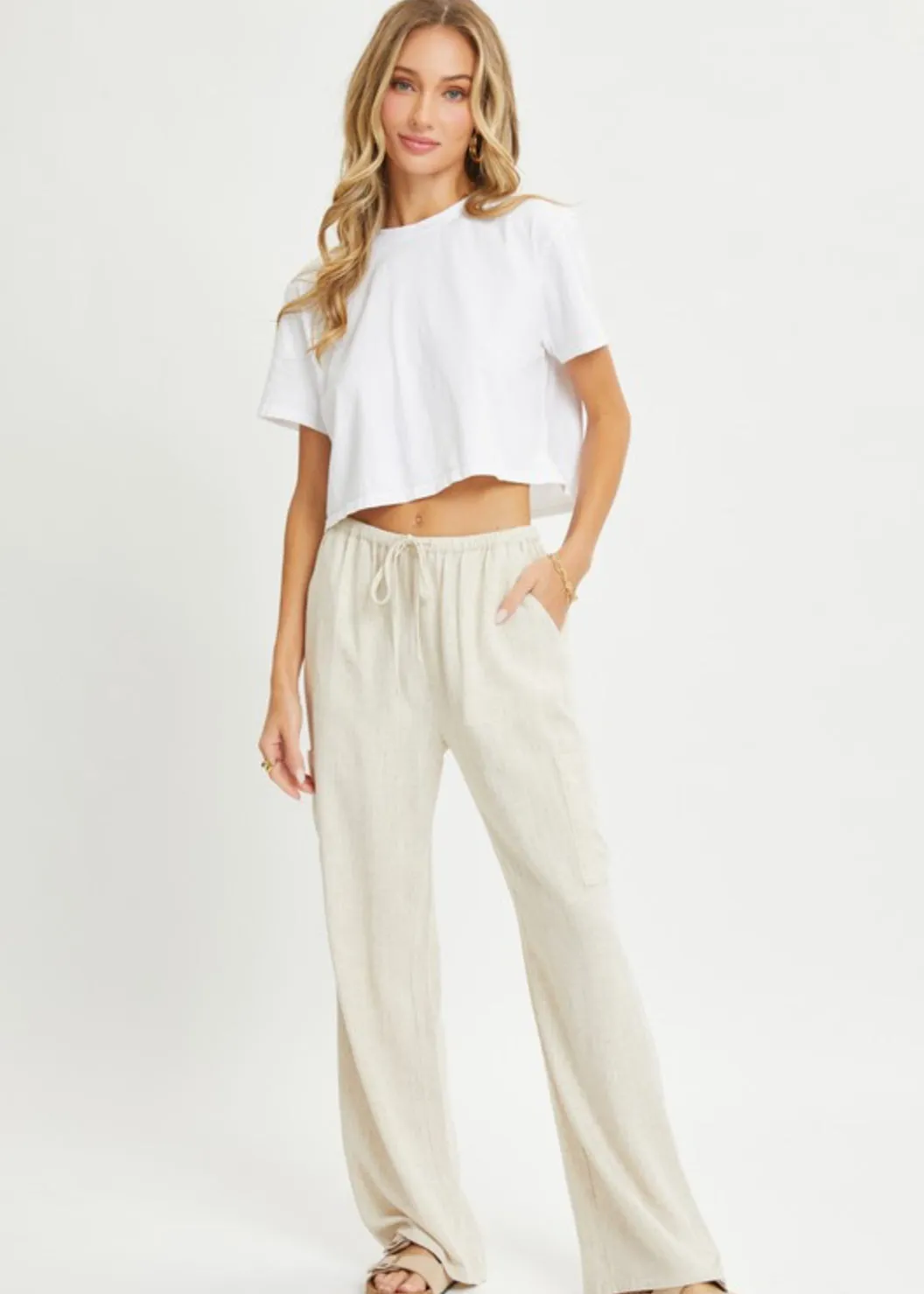 Noe, Linen Blend Pull-On Wide Leg Pants, Black or Oatmeal