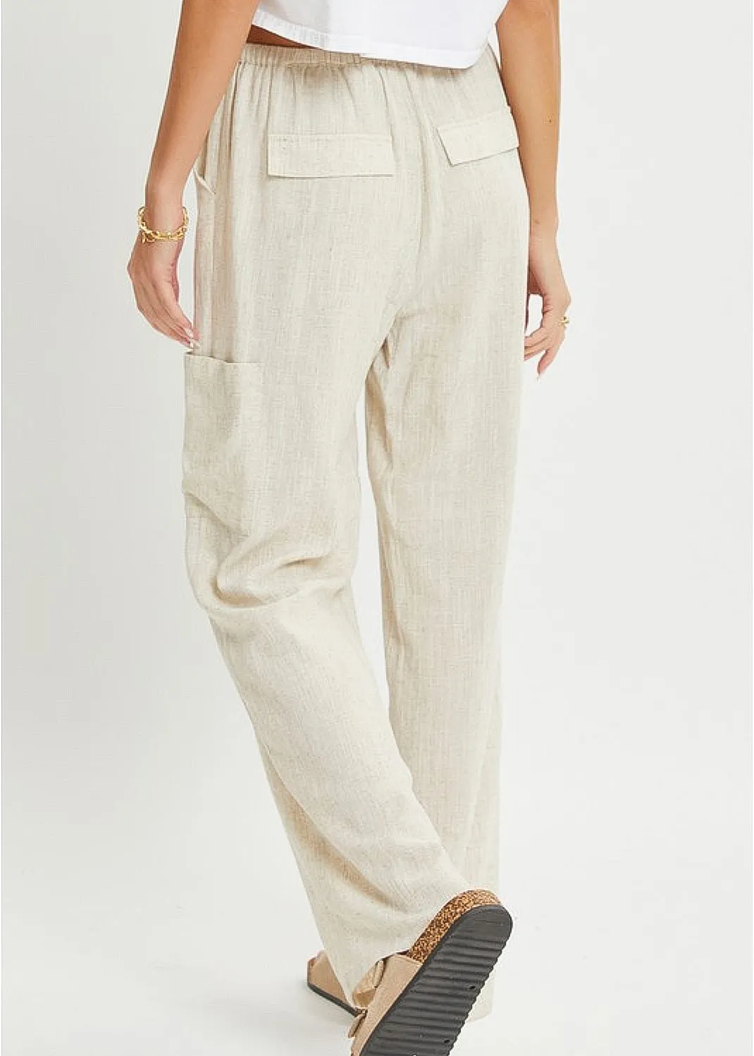 Noe, Linen Blend Pull-On Wide Leg Pants, Black or Oatmeal