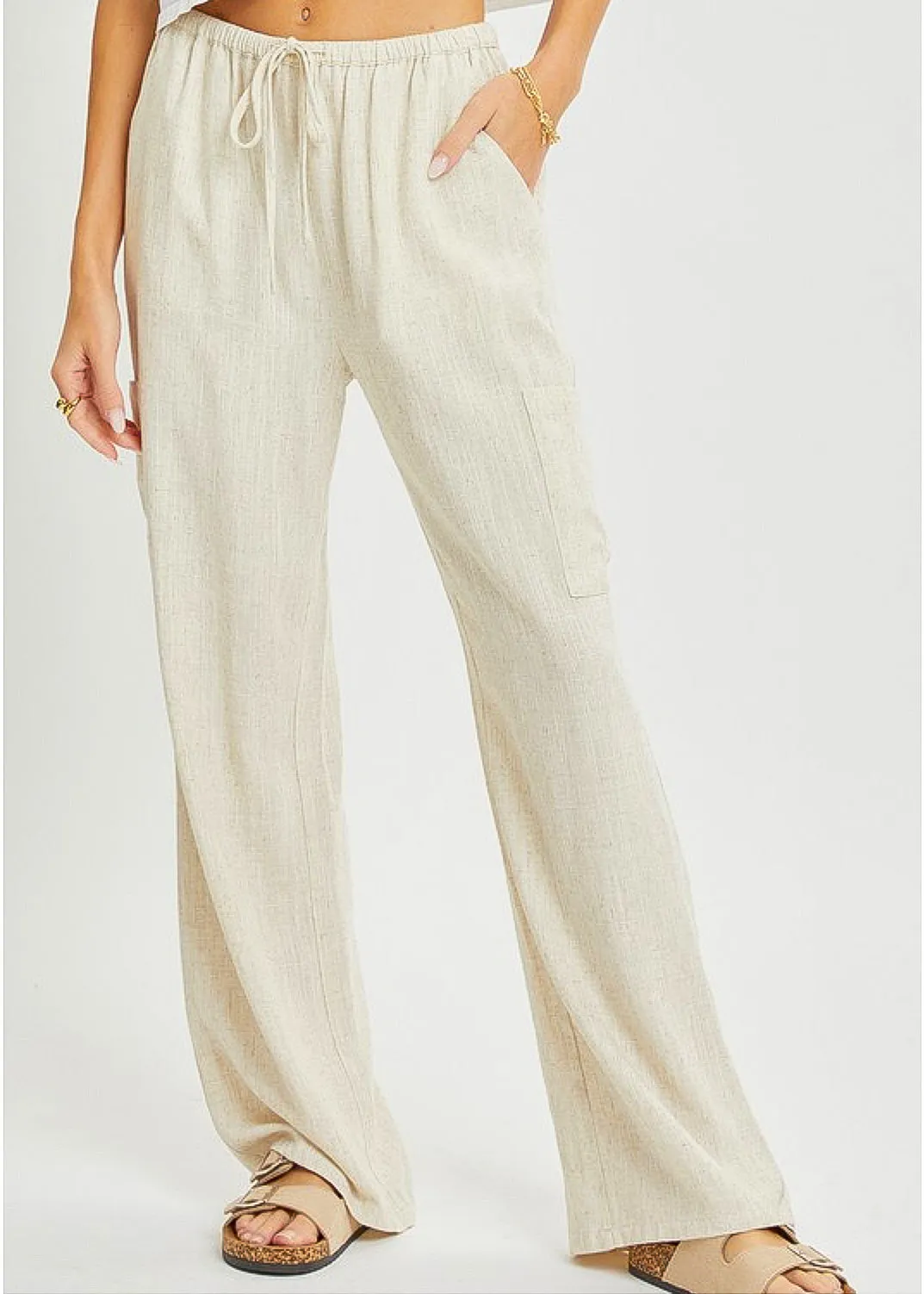 Noe, Linen Blend Pull-On Wide Leg Pants, Black or Oatmeal