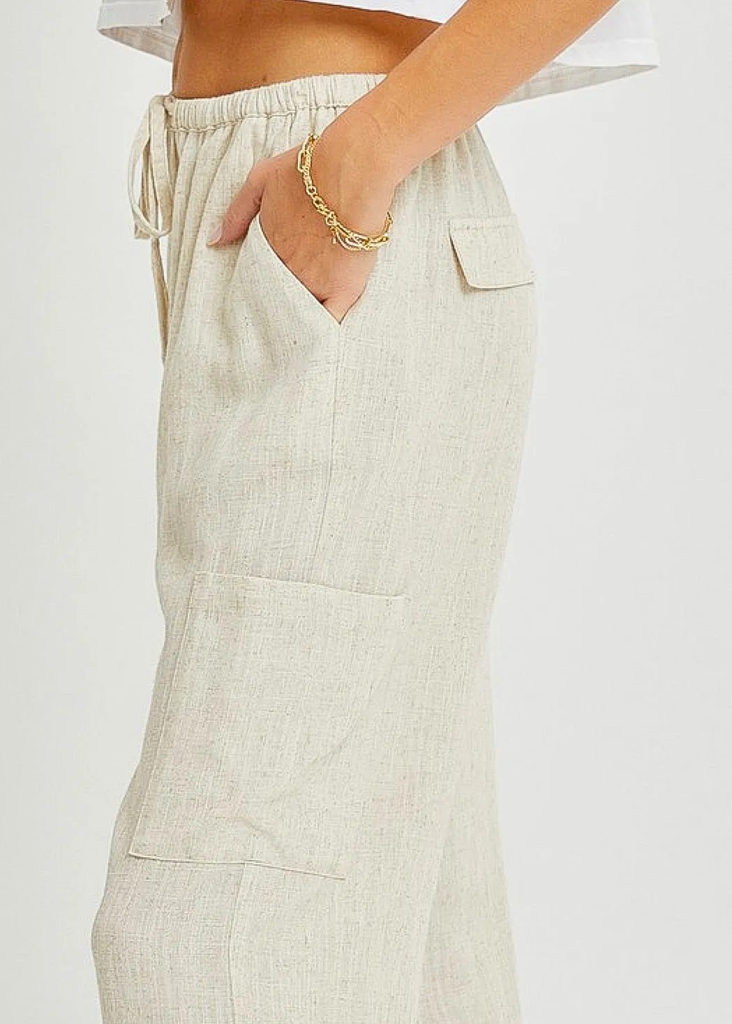 Noe, Linen Blend Pull-On Wide Leg Pants, Black or Oatmeal