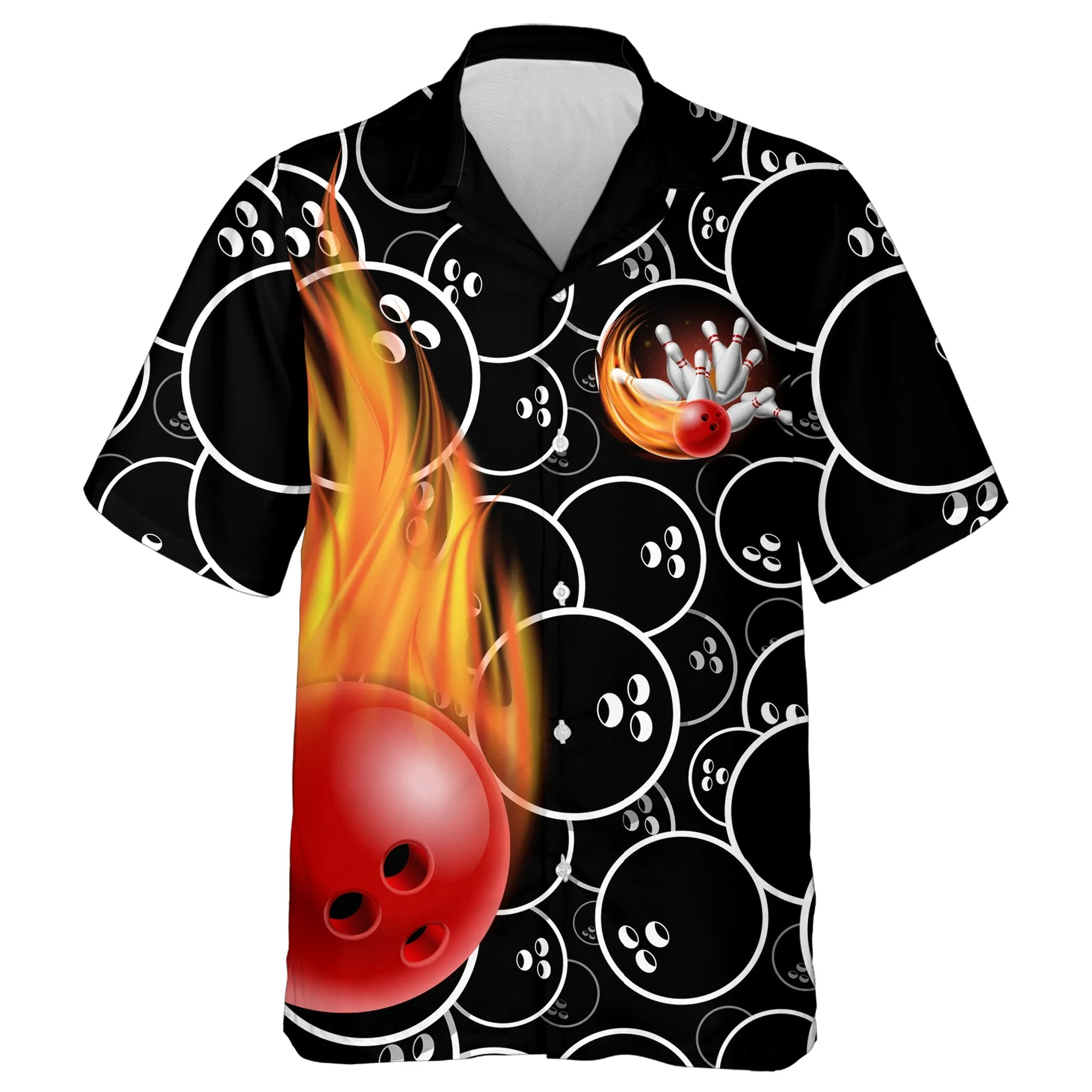 Personalized Flame Hawaiian Bowling Shirt, Men Women Skull Pins Black Bowlers Short Sleeve Jersey