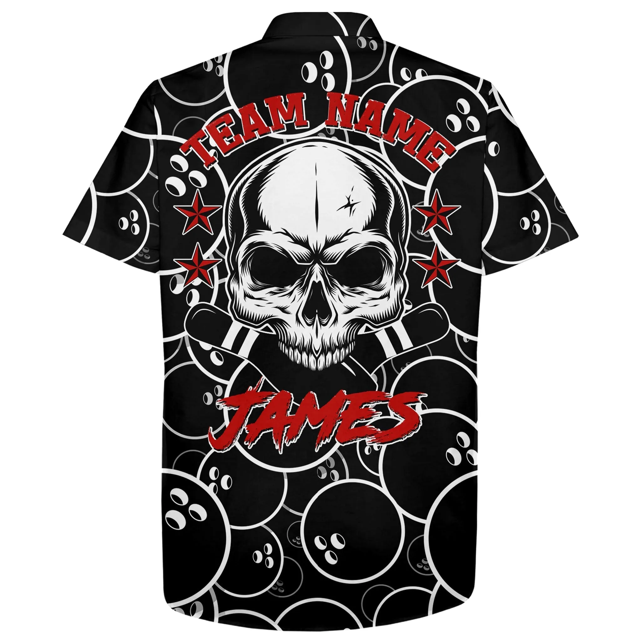 Personalized Flame Hawaiian Bowling Shirt, Men Women Skull Pins Black Bowlers Short Sleeve Jersey
