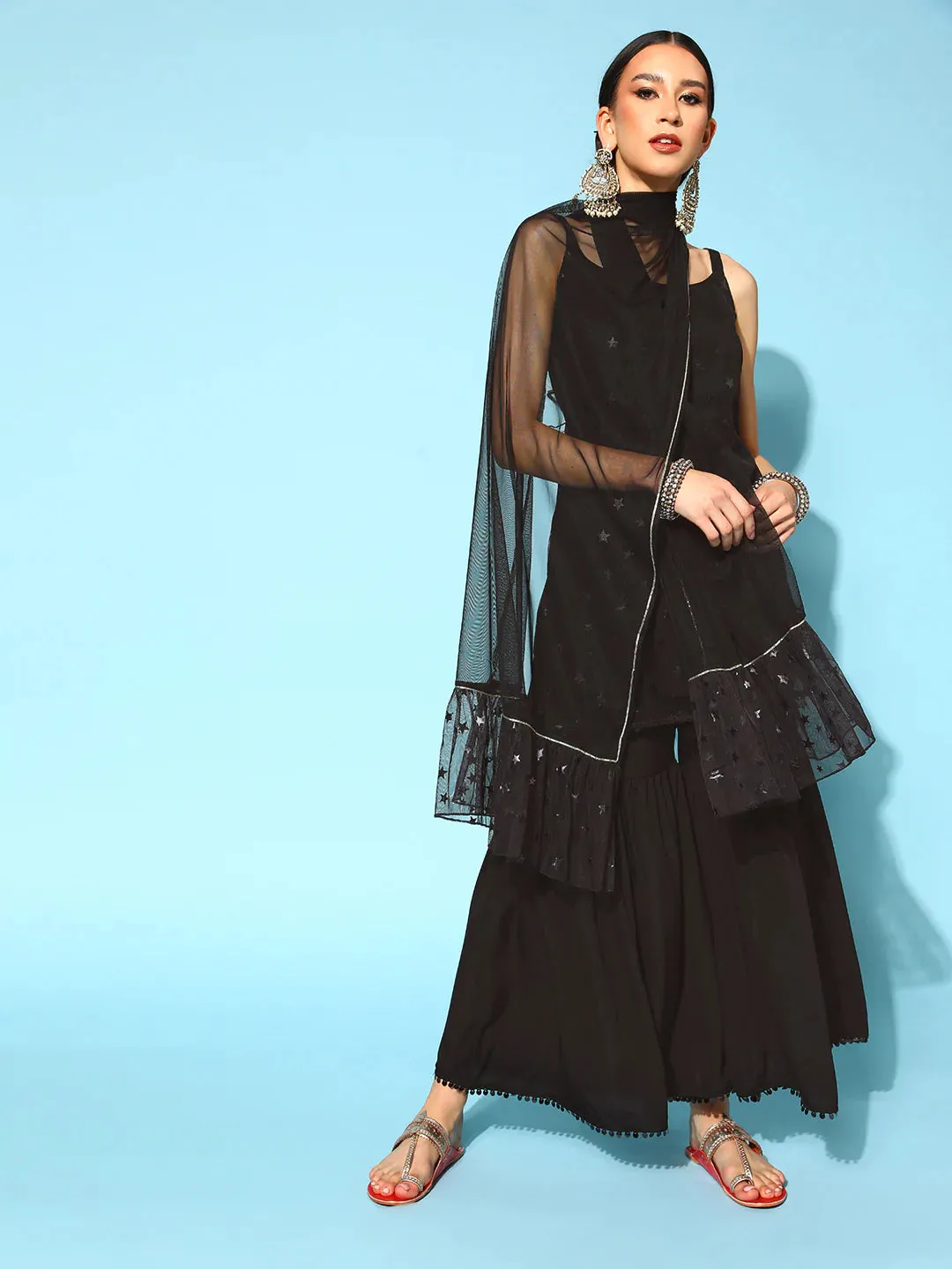 Poly Crepe Black Printed Kurta-Sharara Set with Net Dupatta