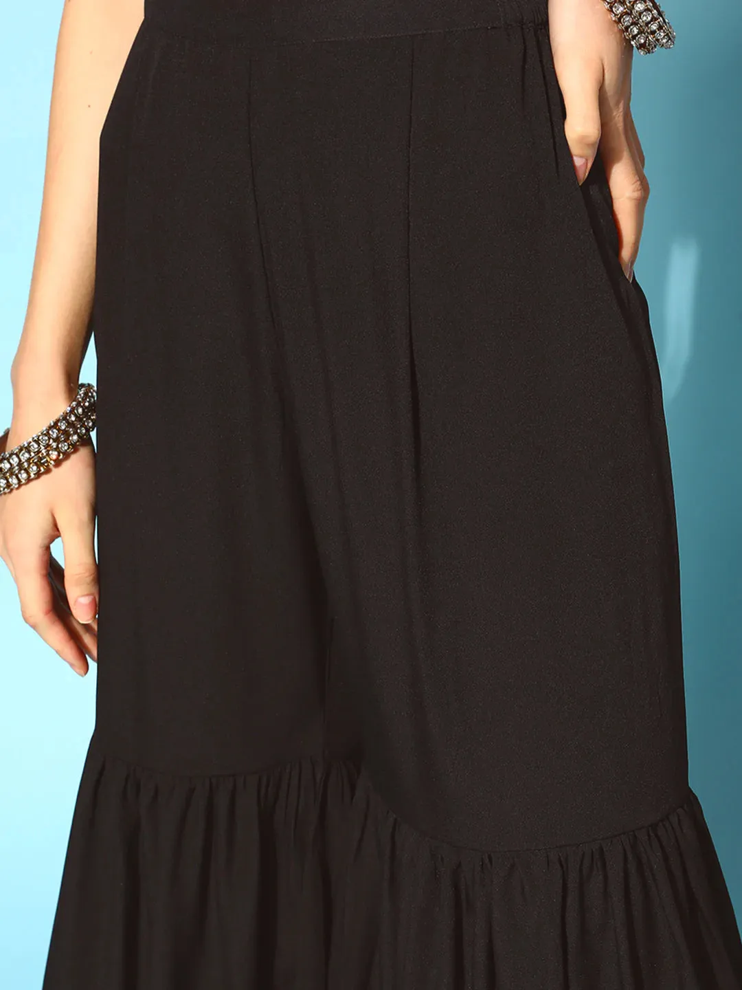 Poly Crepe Black Printed Kurta-Sharara Set with Net Dupatta