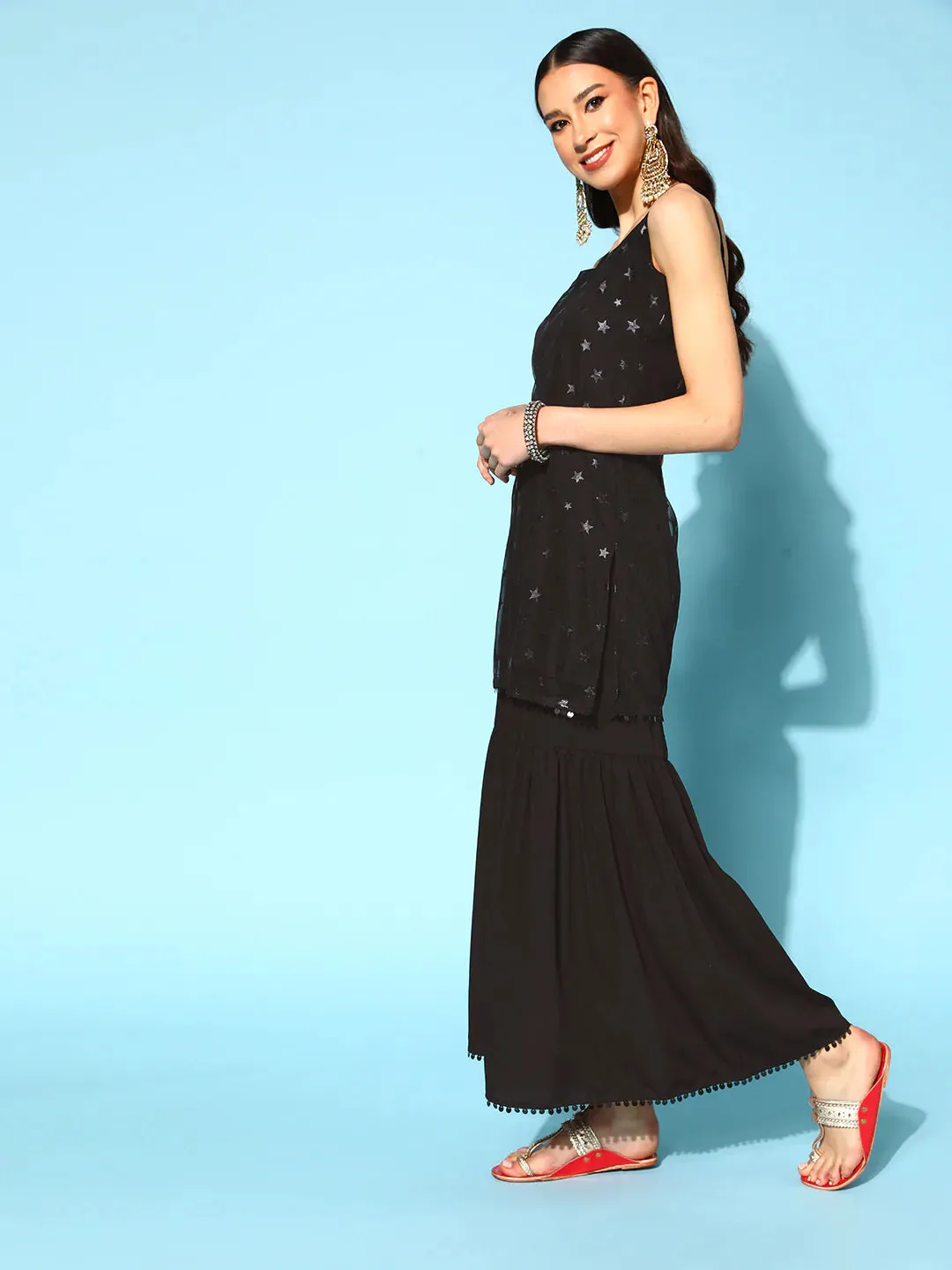 Poly Crepe Black Printed Kurta-Sharara Set with Net Dupatta