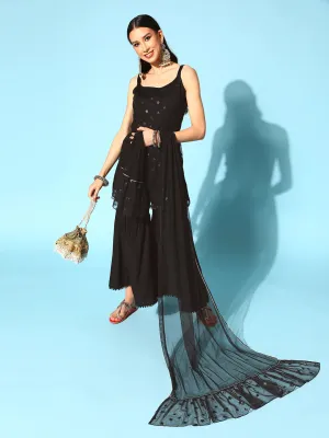 Poly Crepe Black Printed Kurta-Sharara Set with Net Dupatta