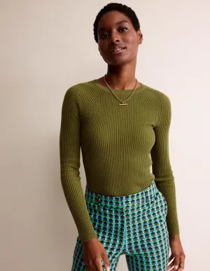 Ribbed Cotton Jumper-Green Olive