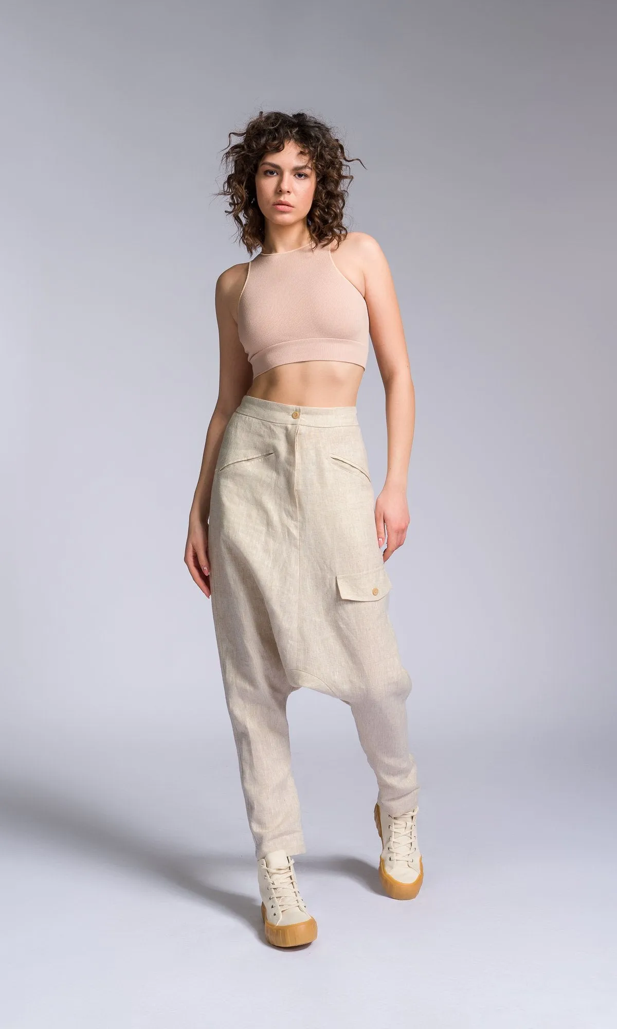 Two-piece Set of Linen Shirt and Pants with Decorative Flap Pockets