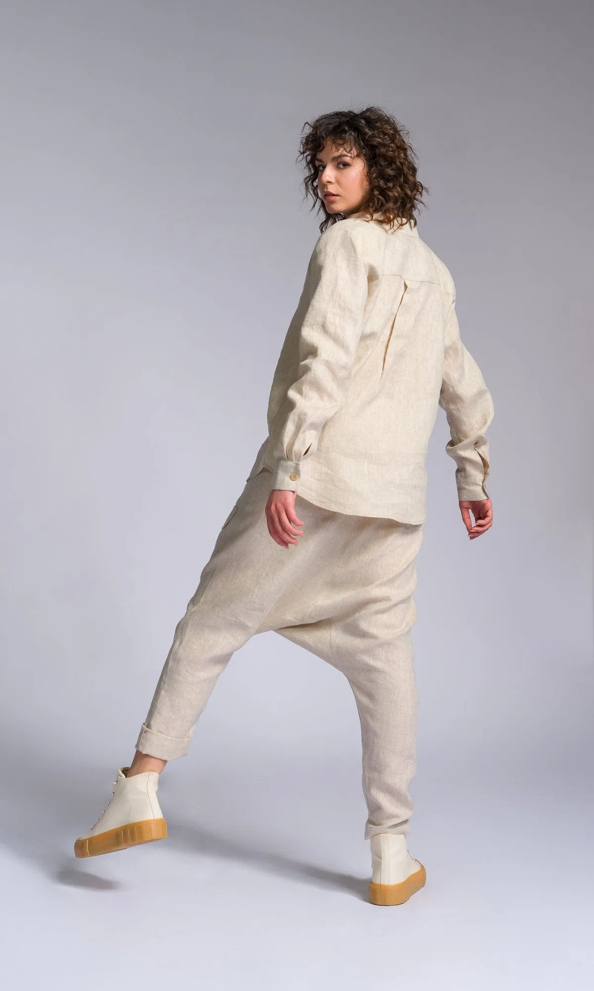Two-piece Set of Linen Shirt and Pants with Decorative Flap Pockets