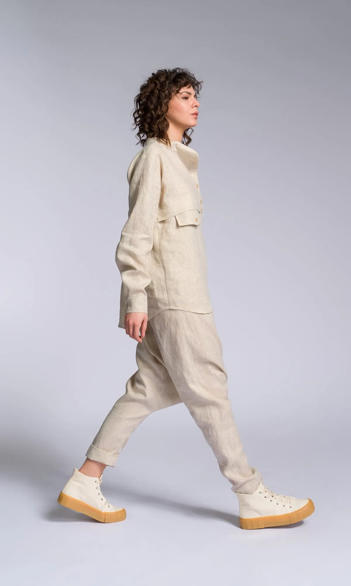 Two-piece Set of Linen Shirt and Pants with Decorative Flap Pockets