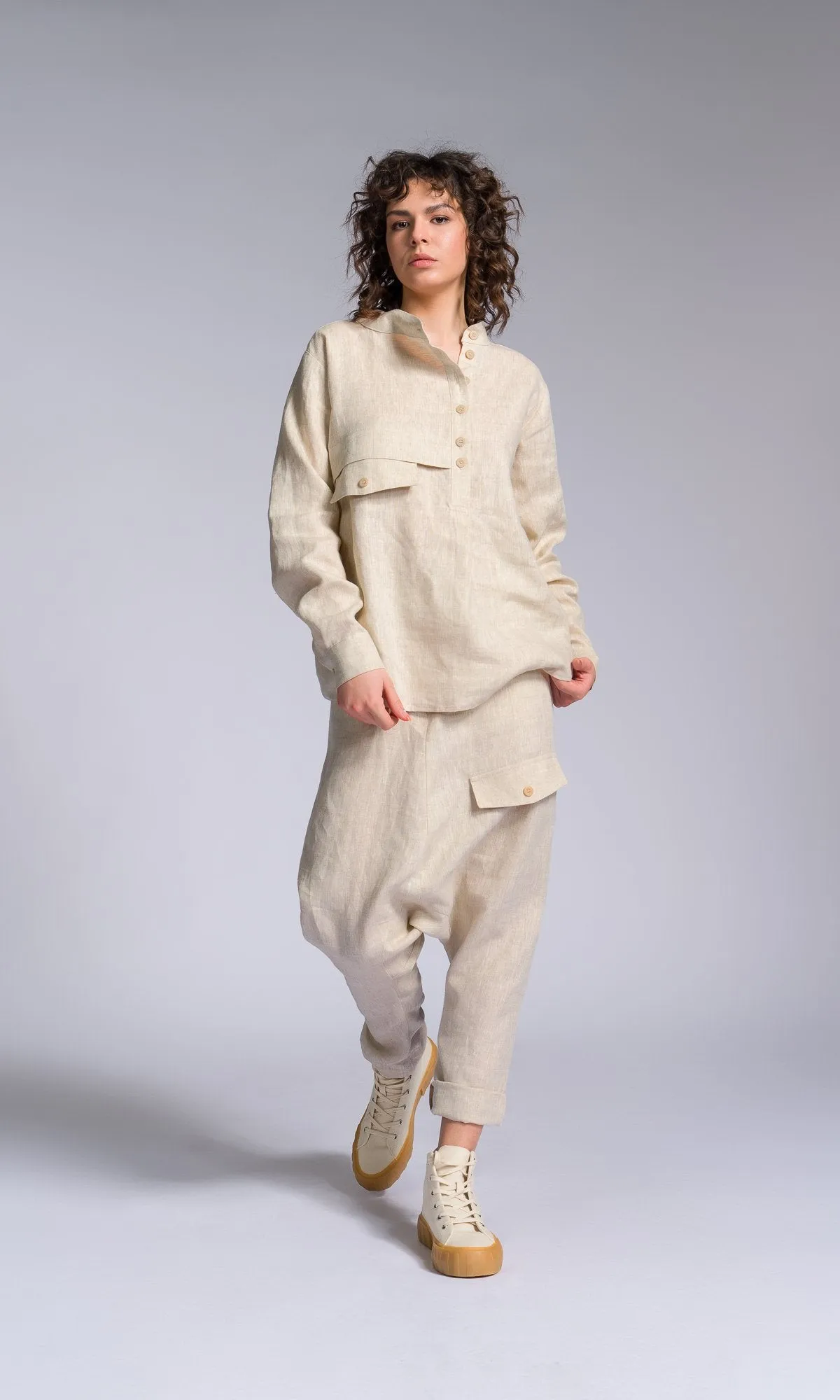Two-piece Set of Linen Shirt and Pants with Decorative Flap Pockets