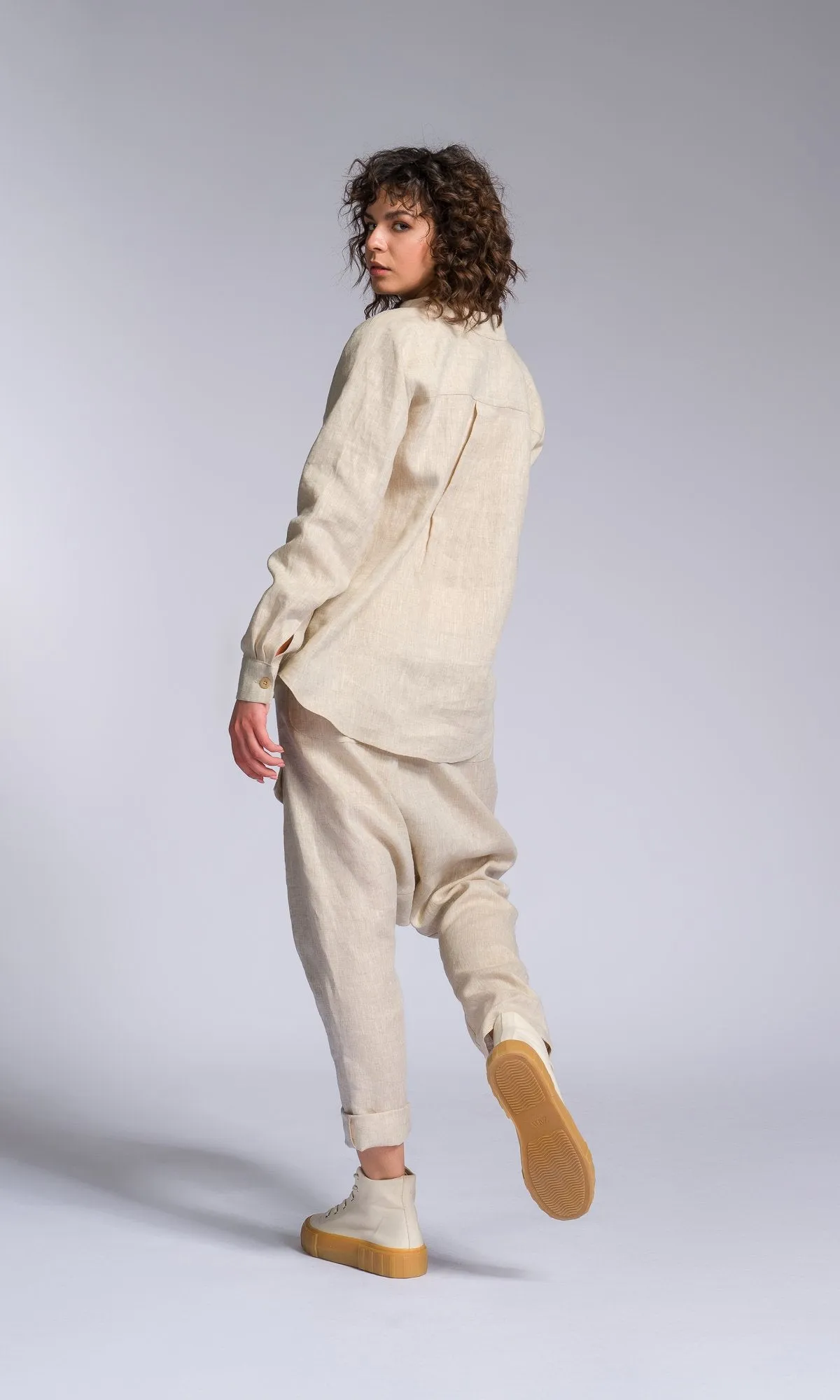 Two-piece Set of Linen Shirt and Pants with Decorative Flap Pockets