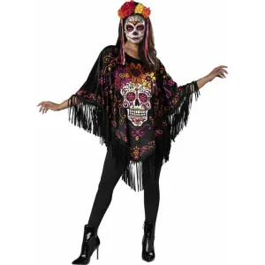 Vibrant Sugar Skull Poncho Costume - One Size