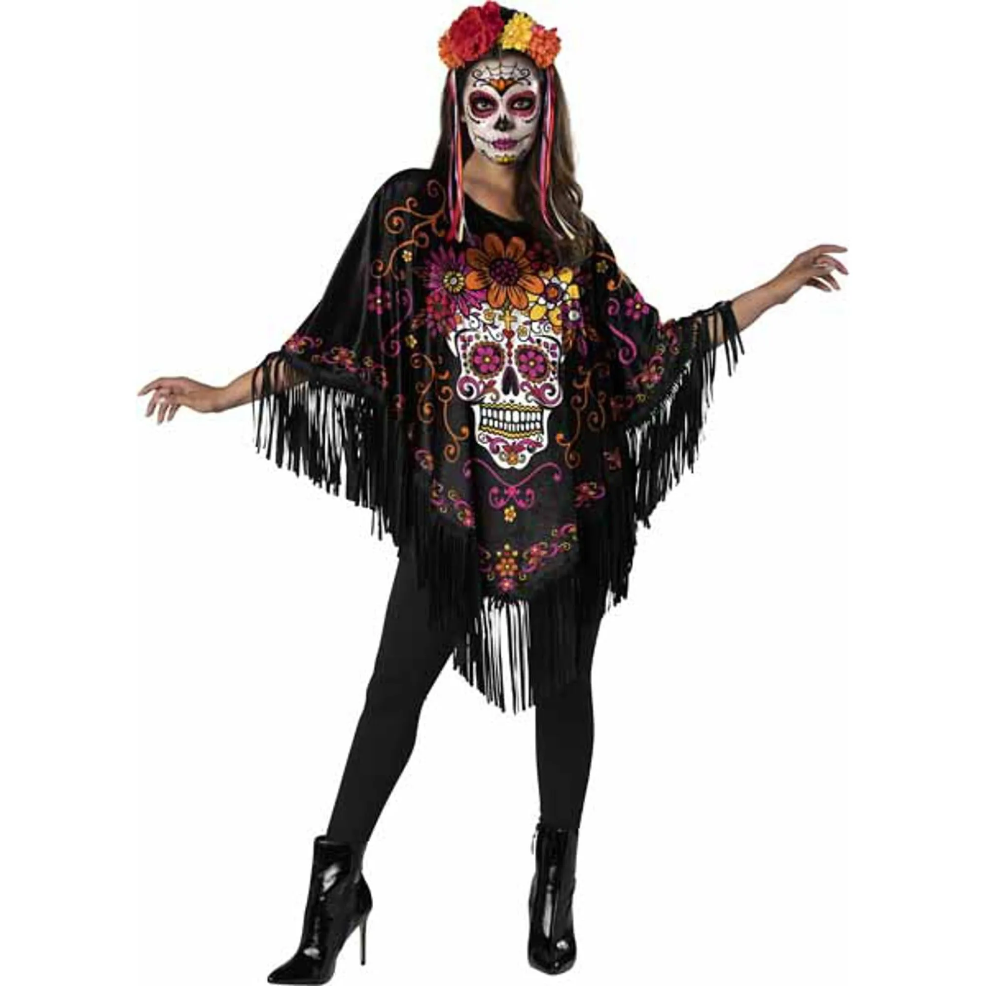 Vibrant Sugar Skull Poncho Costume - One Size