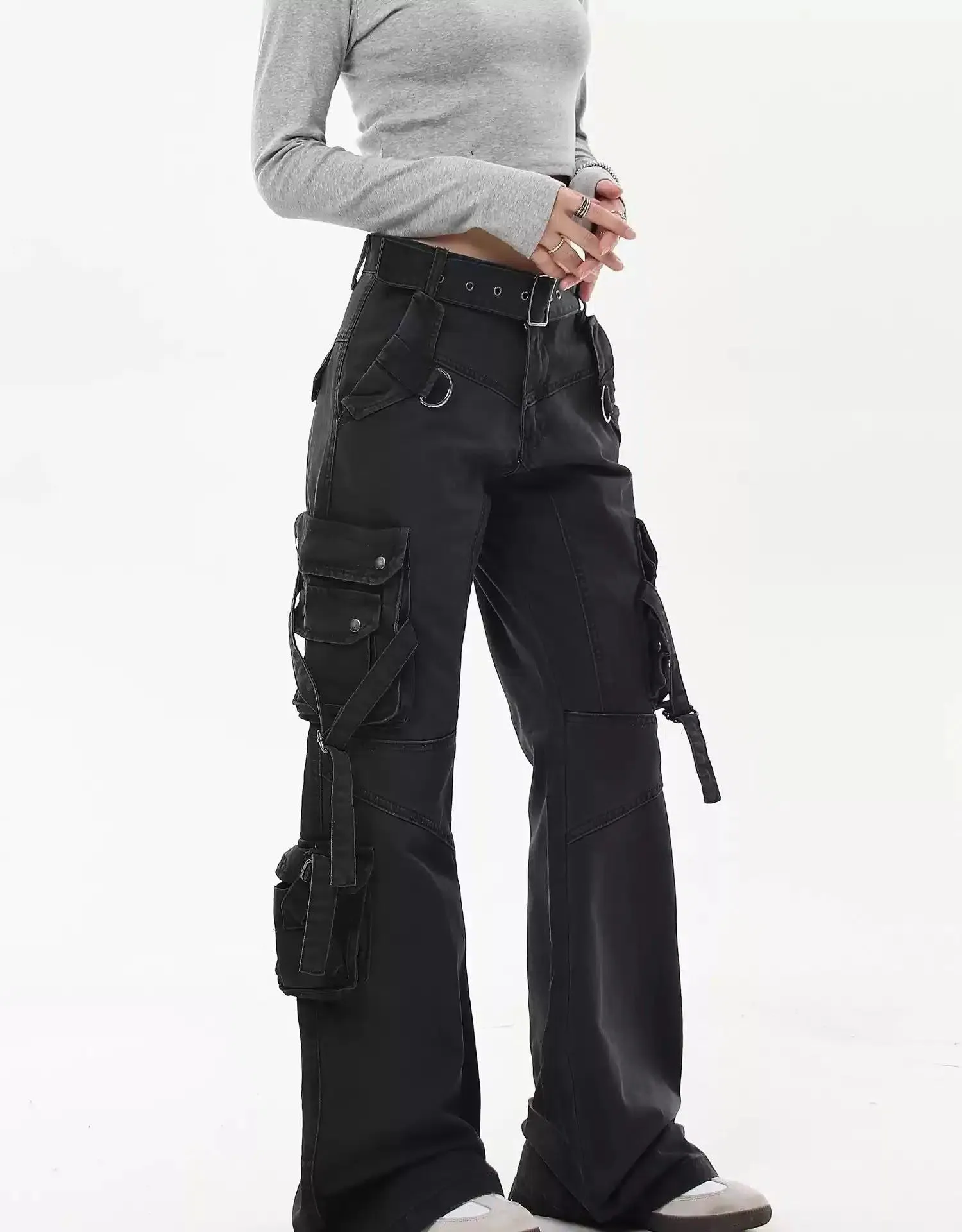Washed Buckled Strap Cargo Pants