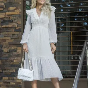 White V-neck Solid Chiffon Dress Splicing Lace Up Midi Dress
