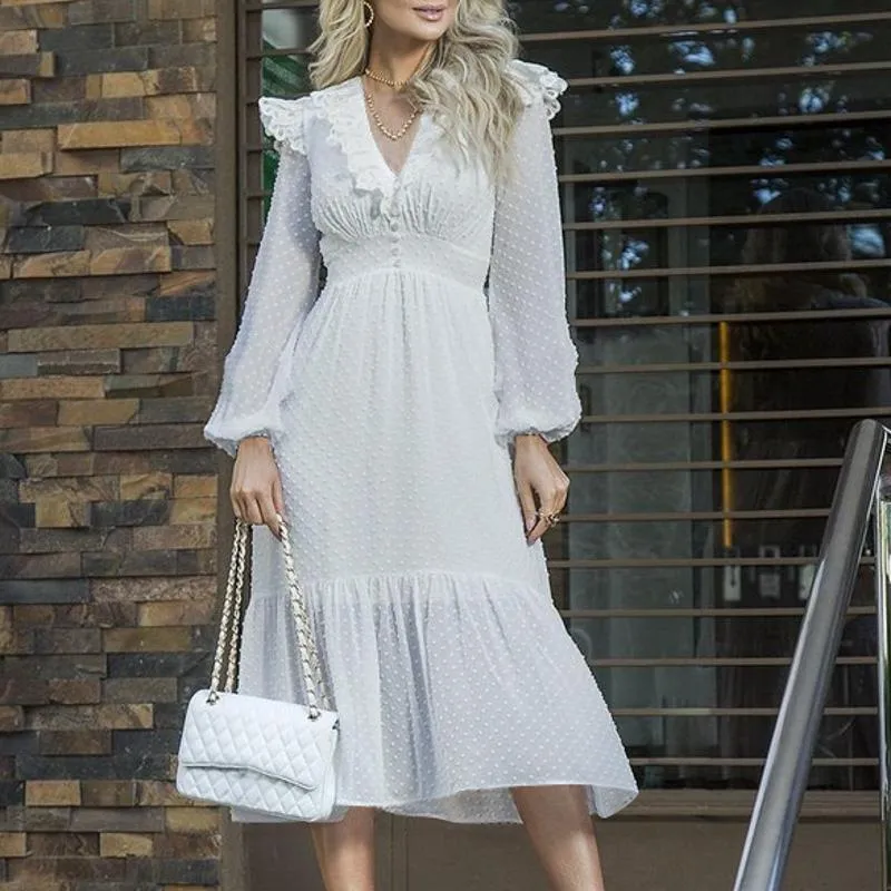 White V-neck Solid Chiffon Dress Splicing Lace Up Midi Dress