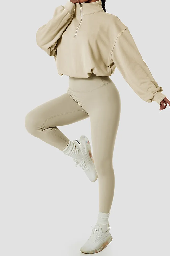 Winter Outfits Plain Zipper Down Drawstring Hem Crop Top Sweatershirt