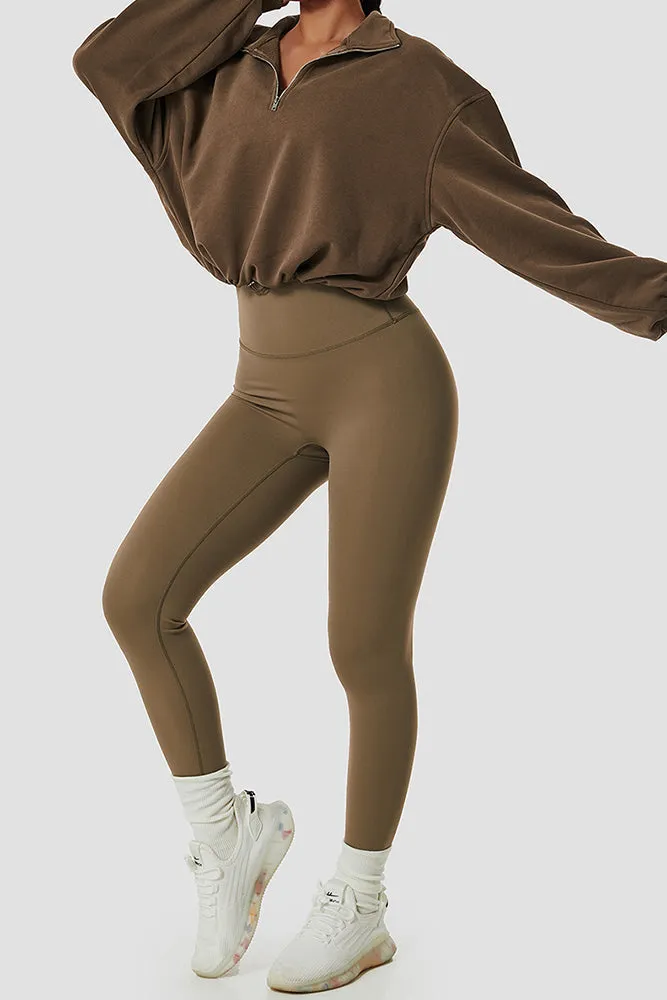 Winter Outfits Plain Zipper Down Drawstring Hem Crop Top Sweatershirt